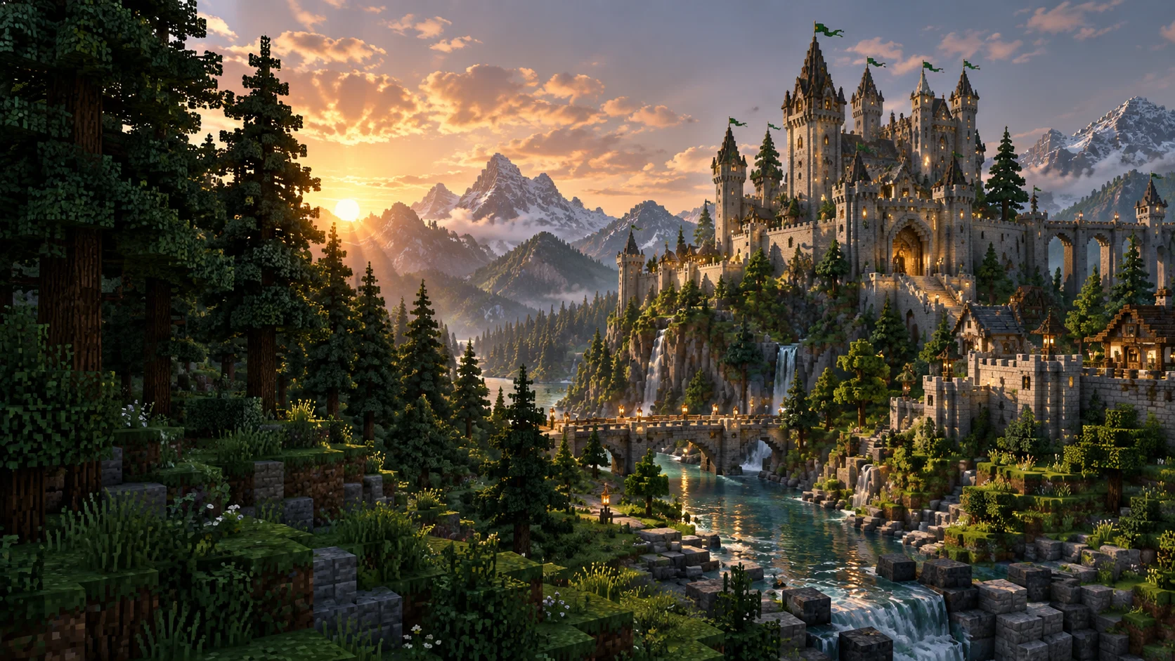 Minecraft bloklaridan qurilgan qasr, o‘rmon va daryo